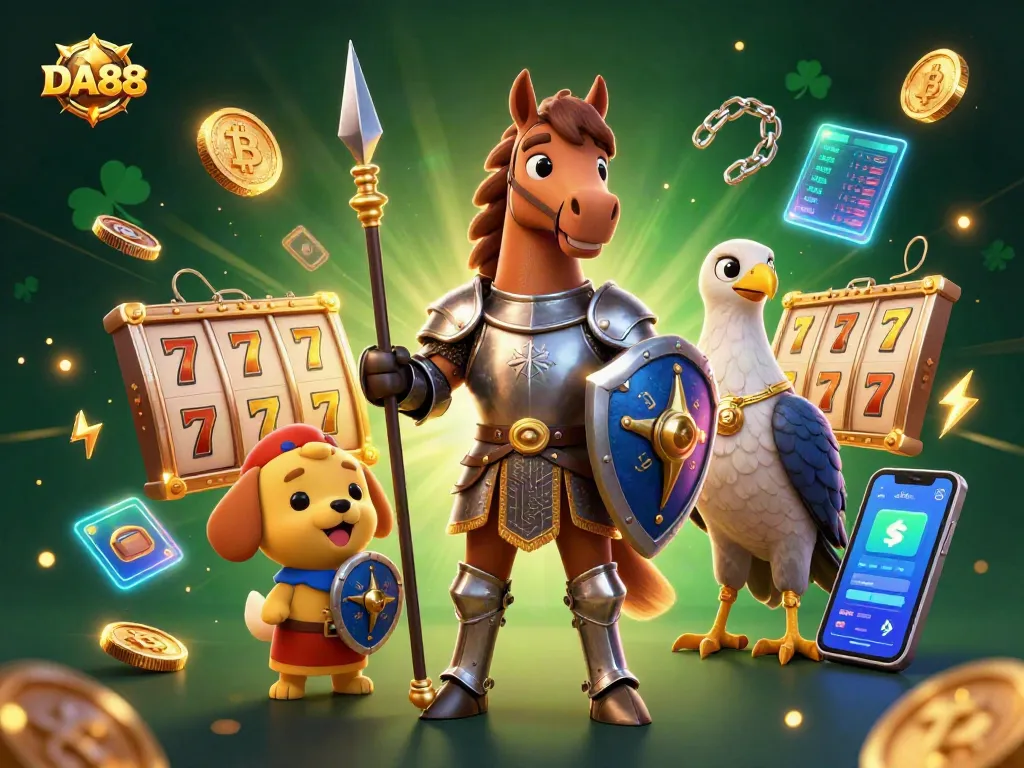 Engage with DA88's vibrant casino scene featuring a medieval knight, squire, and rich gambling elements.