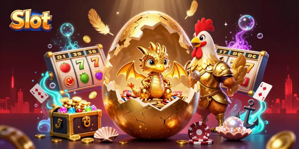 Spin the Slot reels featuring a golden dragon and poker chips in a vibrant casino scene.