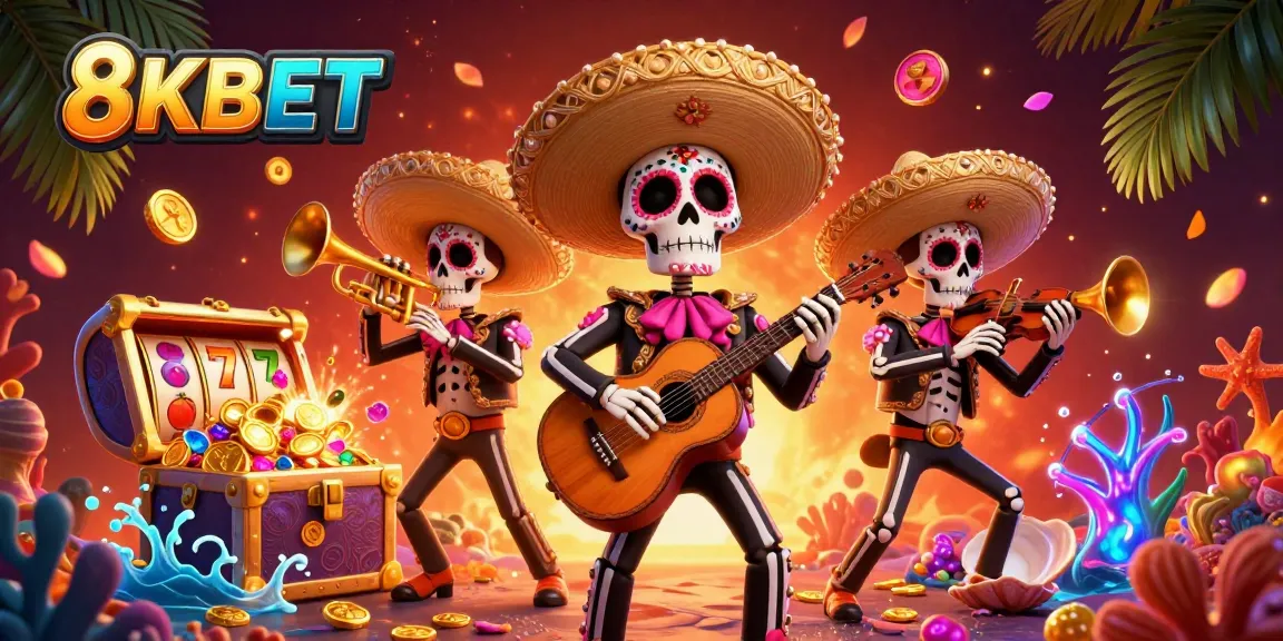 Engage with vibrant 8KBET casino adventures featuring a lively mariachi band amidst slot reels and treasure.