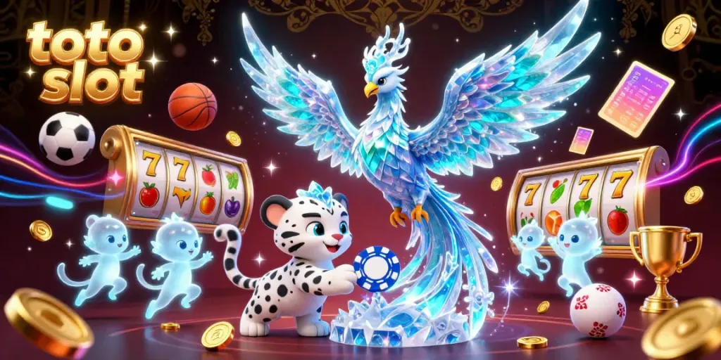Toto slot themed 3D illustration featuring an ice phoenix and a snow leopard cub, encapsulating casino excitement.