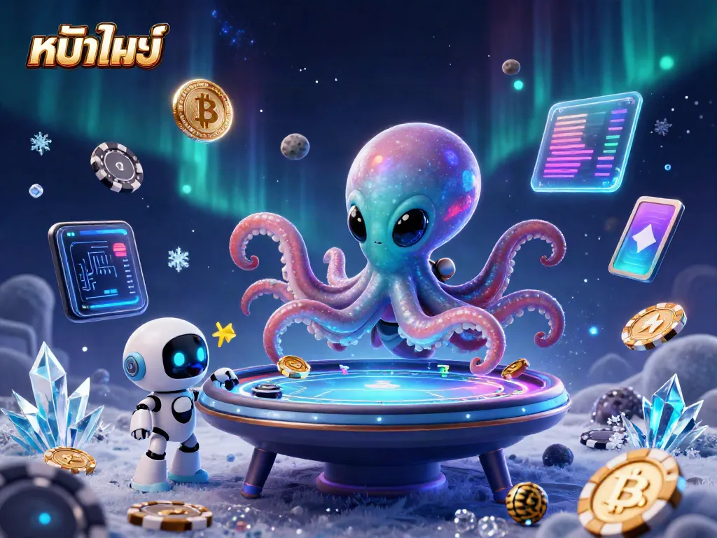 Engage with หนังใหม่ชนโรง through vibrant alien characters and holographic gaming elements in a cosmic casino.