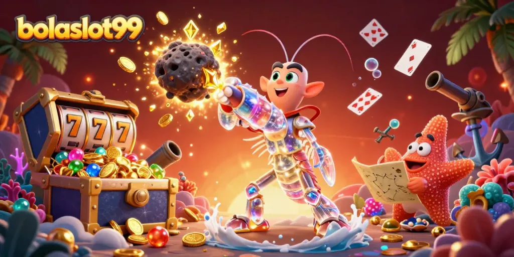 Bolaslot99 enchants with a dynamic scene of a galactic samurai mantis shrimp amidst slot reels and gold coins.