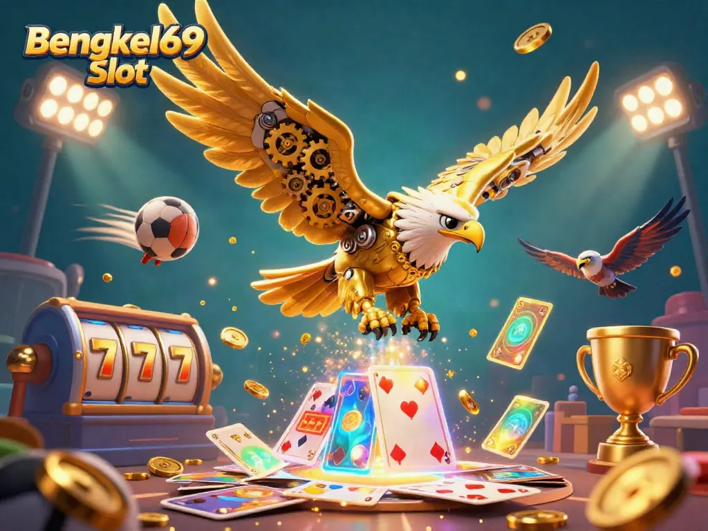 Experience the thrill of Bengkel69 Slot with this visually rich illustration featuring a cybernetic eagle amidst dynamic gaming elements.