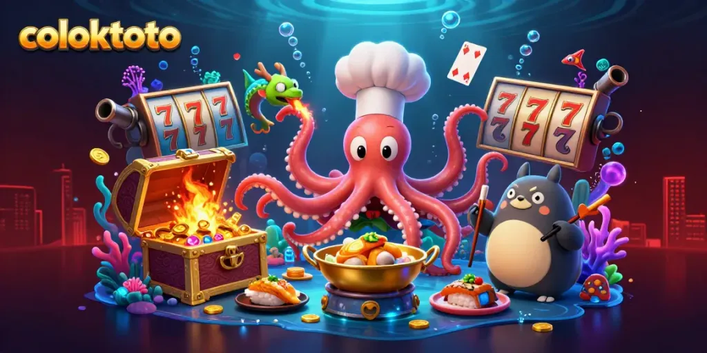 Experience the vibrant coloktoto underwater casino scene with an octopus chef and gaming elements.