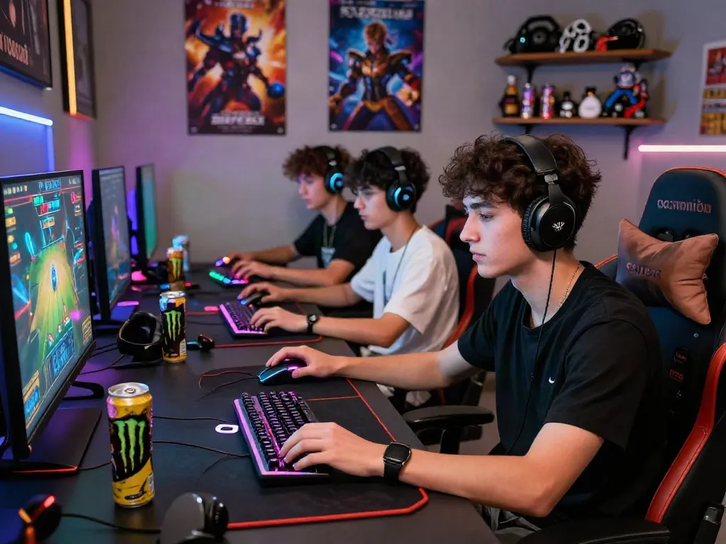 Friends enjoying a QQMacan gaming session with vibrant atmosphere and modern setup.