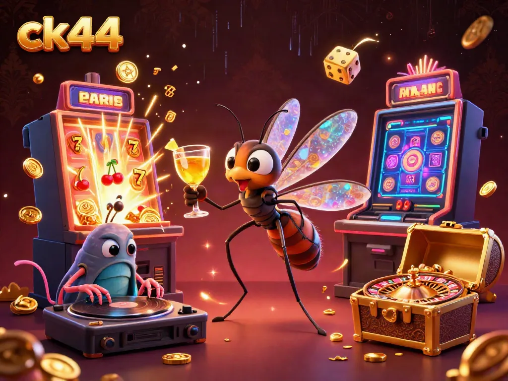 Experience ck44 with a vibrant casino scene featuring a mosquito mascot and a trilobite DJ.