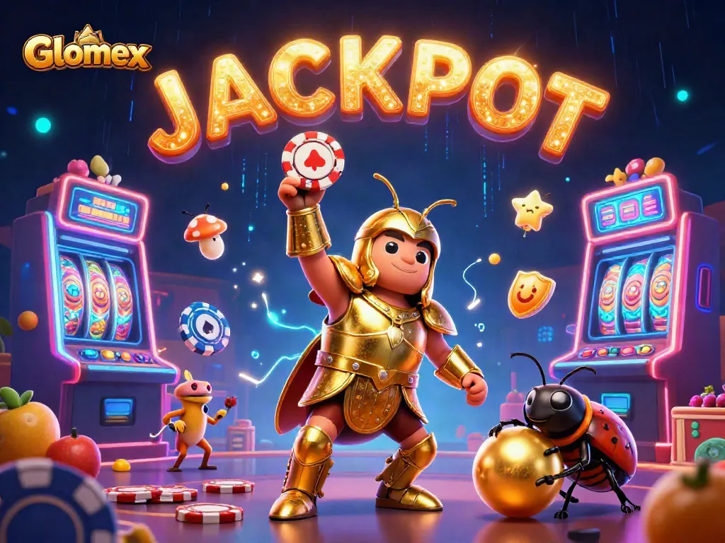 Glomex captures the jackpot with a victorious beetle in a lively casino slot scene.