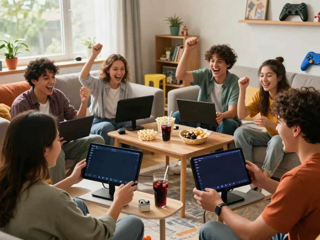 Group of friends enjoying yono games in a vibrant living room setting.