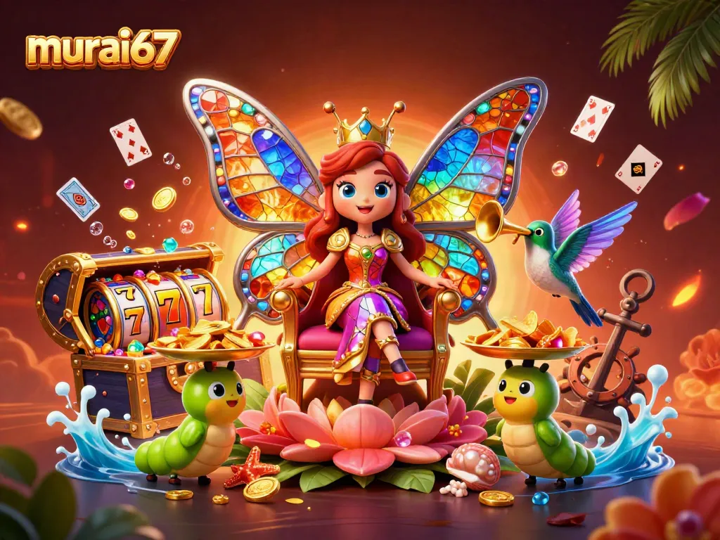 Experience exciting slots at murai67 with a vibrant 3D casino scene featuring a butterfly queen and dynamic elements.
