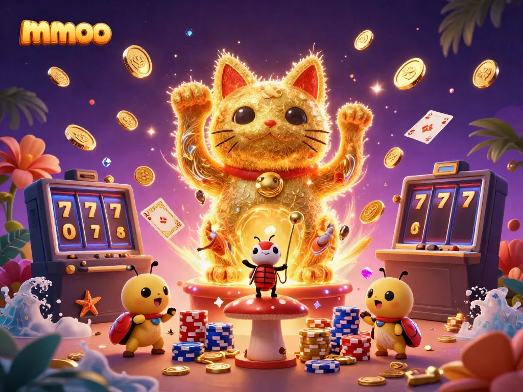 Experience the vibrant mmoo casino world with a lucky cat and sparkling symbols in 3D illustration.