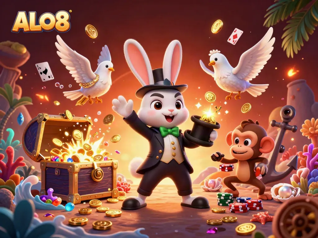 Win big with ALO8 featuring a magician rabbit, dove, and monkey in a vibrant casino setting.