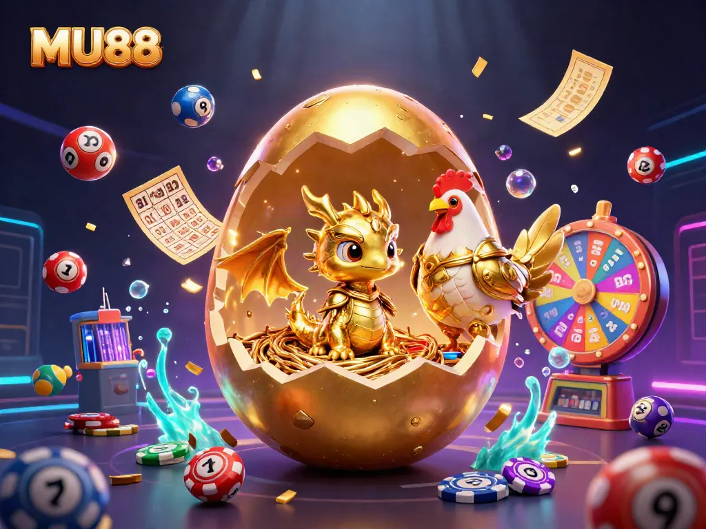 Immerse in the MU88 casino world as a golden dragon emerges from a dazzling nest of poker chips.