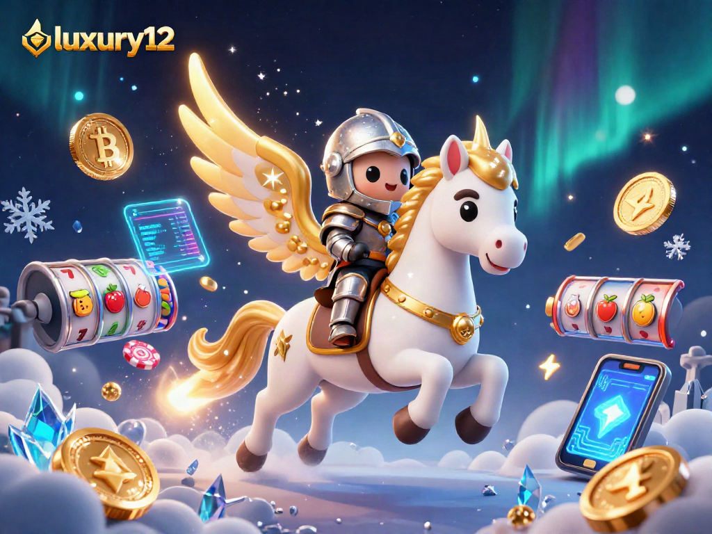 Experience luxury12 gaming with vibrant 3D visuals of a celestial horse, slots, and crypto elements.