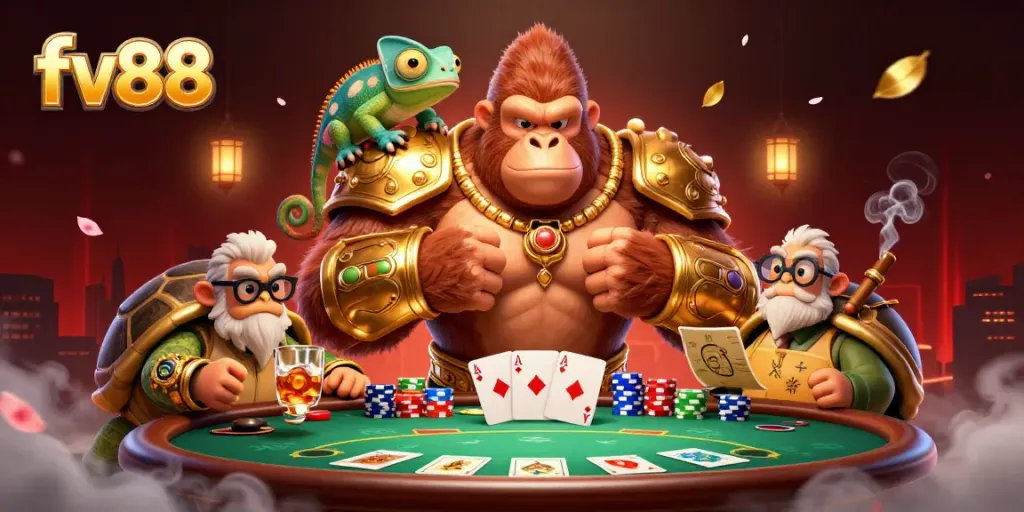 Experience thrilling fv88 online gaming with a dynamic 3D scene featuring a gorilla, chameleon, and tortoise.