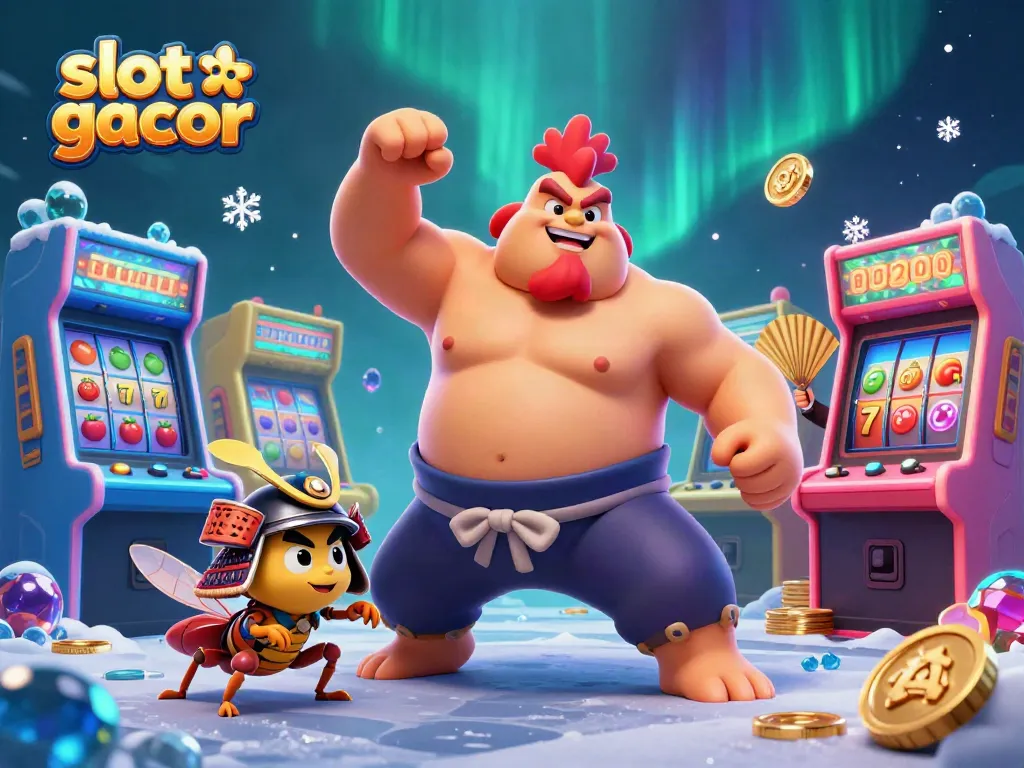Experience slot gacor excitement with a powerful sumo rooster and fierce cricket in an engaging casino scene.