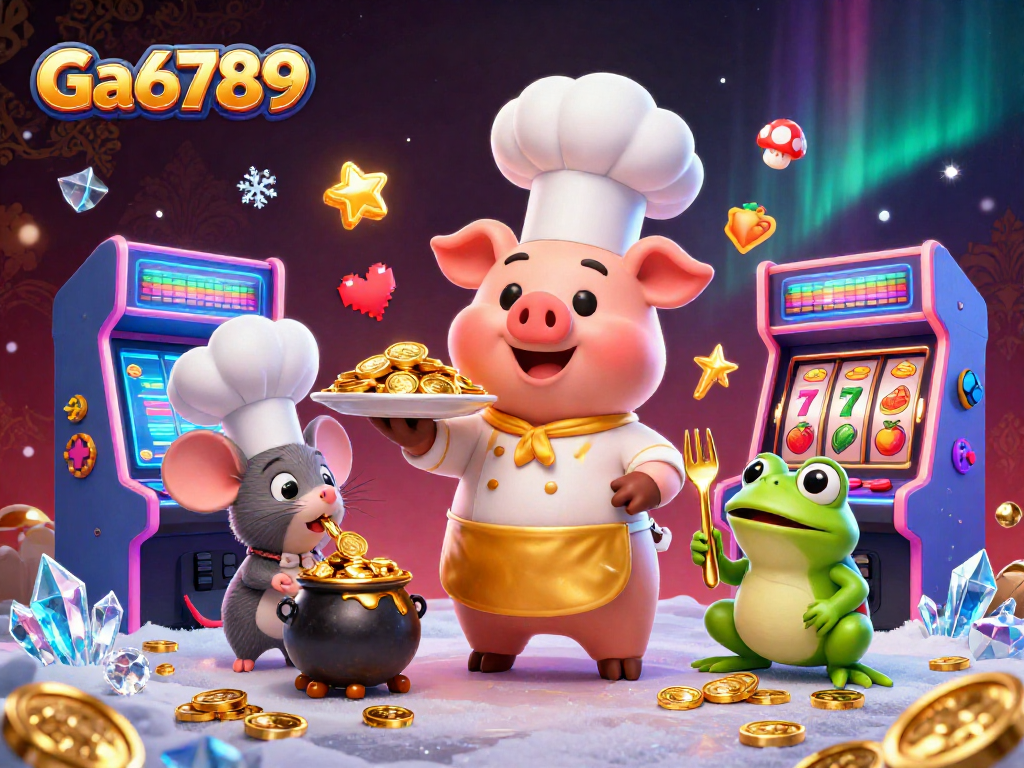 Experience the vibrant Ga6789 casino world as a chef pig serves gold coins amid thrilling game machines.