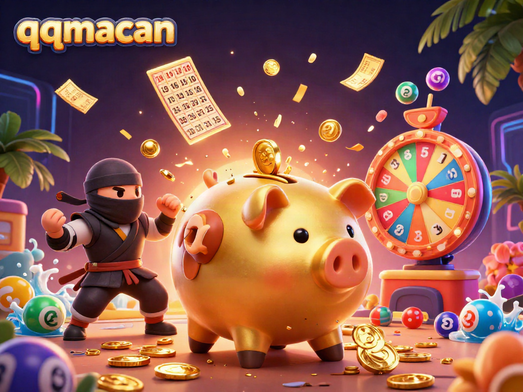 Experience thrilling gameplay with qqmacan as a golden piggy bank sumo wrestler unleashes coins in a vibrant casino scene.