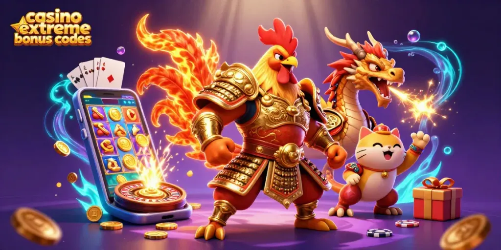 Experience exhilarating gameplay with Casino Extreme bonus codes, featuring vibrant characters and casino elements.