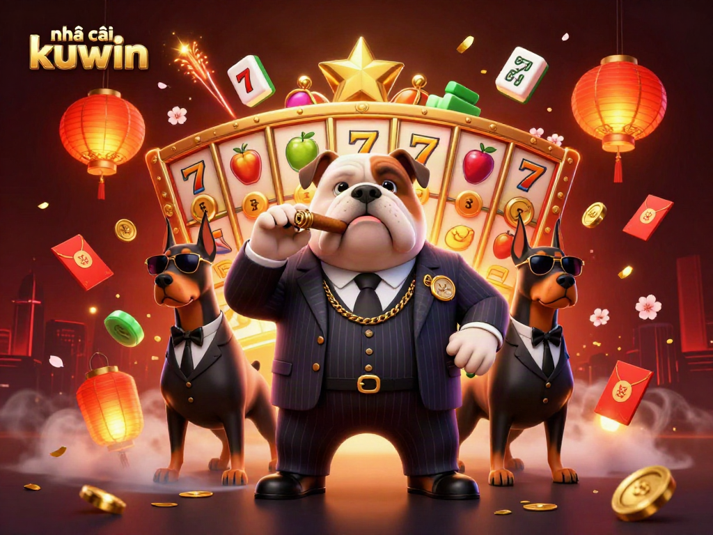 Engaging scene of nhà cái kuwin promotional art with a mafia boss bulldog and Dobermans, showcasing vibrant casino elements.