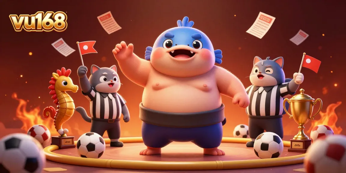 Join exciting sports betting action on vu168 with a vibrant illustration of dynamic casino elements and unique characters.