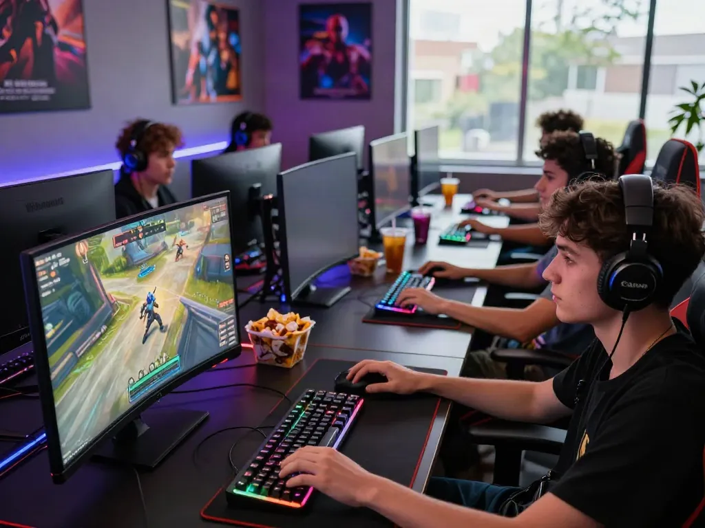 Young adults enjoying gaming with a80 setups in a vibrant lounge.
