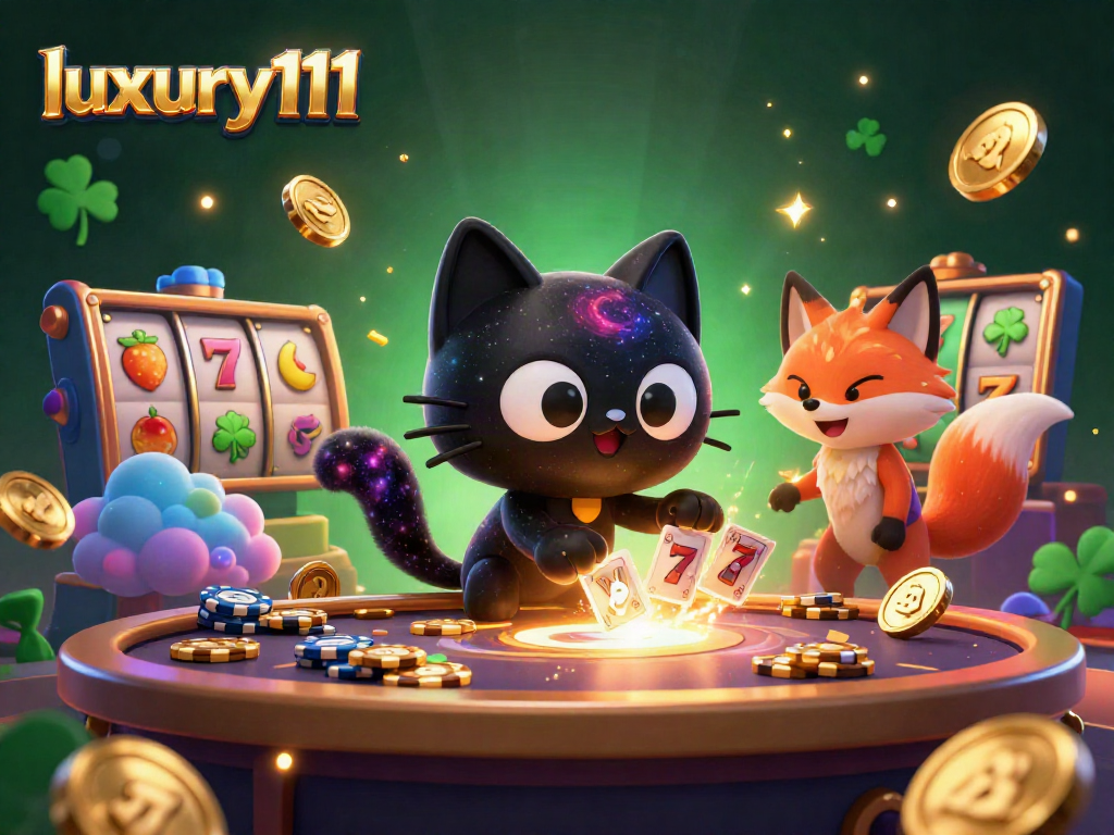 Experience thrilling wins at luxury111 in a vibrant cosmic casino with slot machines and playful characters.