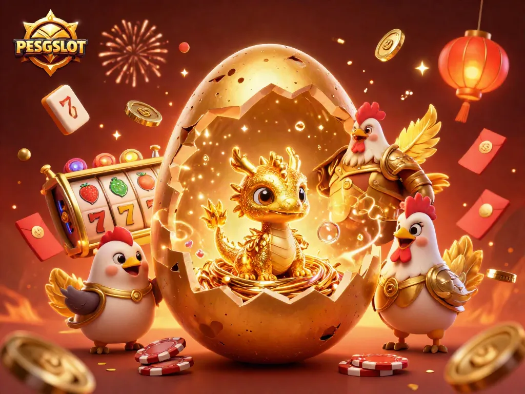 Engage with PESGSLOT’s dazzling casino scene featuring golden dragon, poker chips, and festive elements.