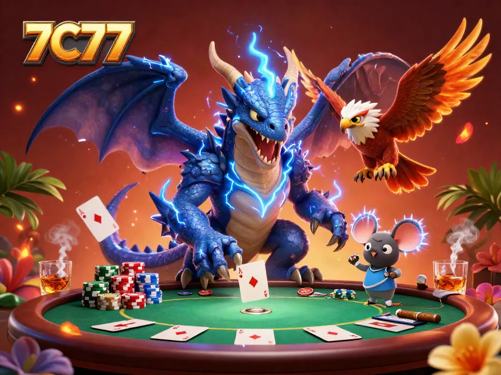 Engage in thrilling gameplay with 7C77's vibrant casino scene filled with poker action and dynamic characters.