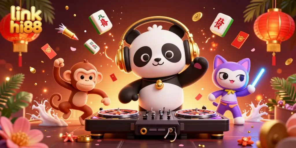 Experience the excitement at link hi88 with a lively DJ panda, dancing monkey, and glowing kitten in a vibrant casino scene.