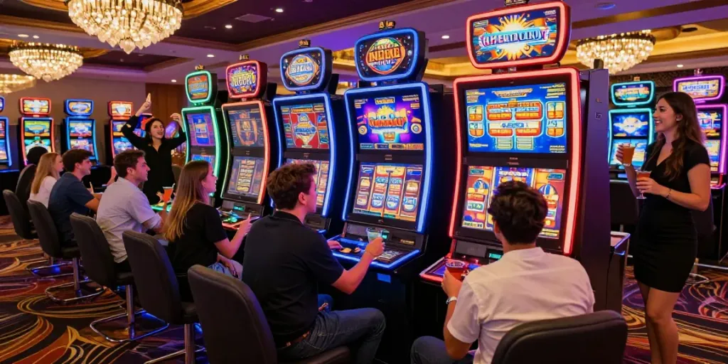 Exciting casino scene with players enjoying สล็อต machines and vibrant atmosphere