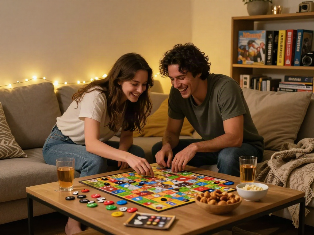 Couple enjoying sex games together in a cozy indoor setting.