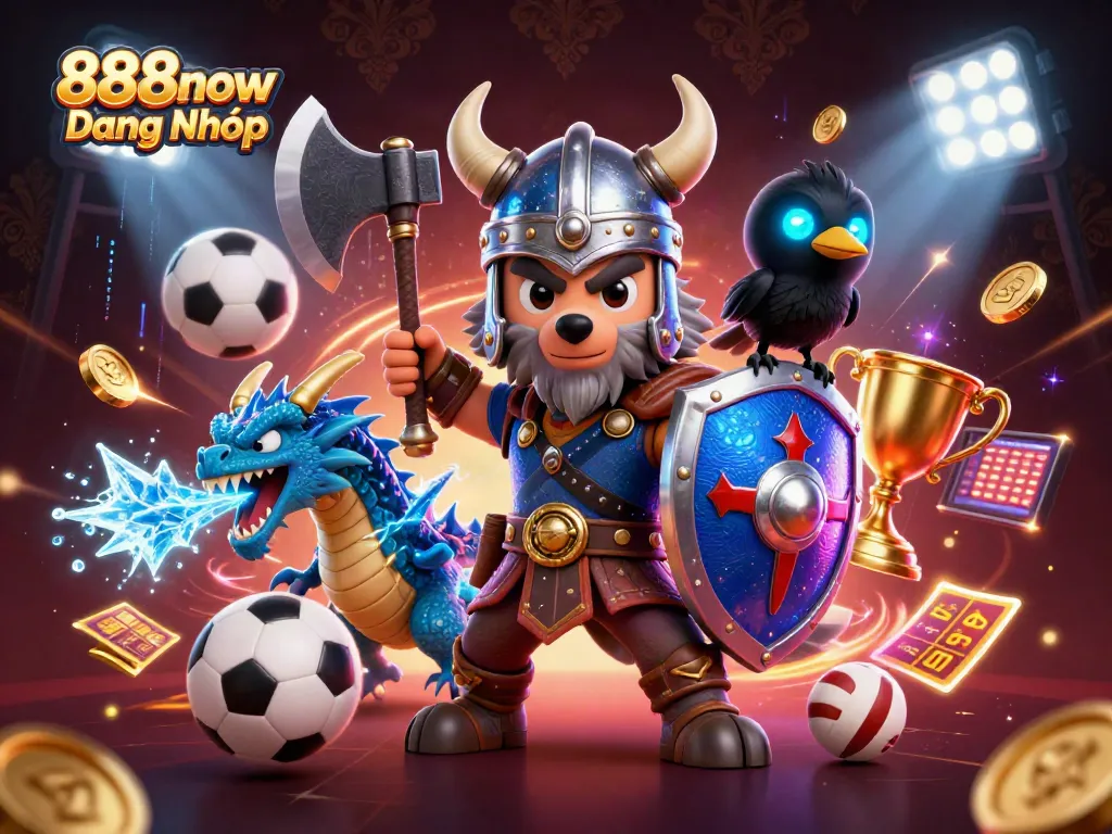 Bet on victory with 888now Đăng Nhập, featuring a heroic Viking wolf warrior surrounded by dynamic sports elements.