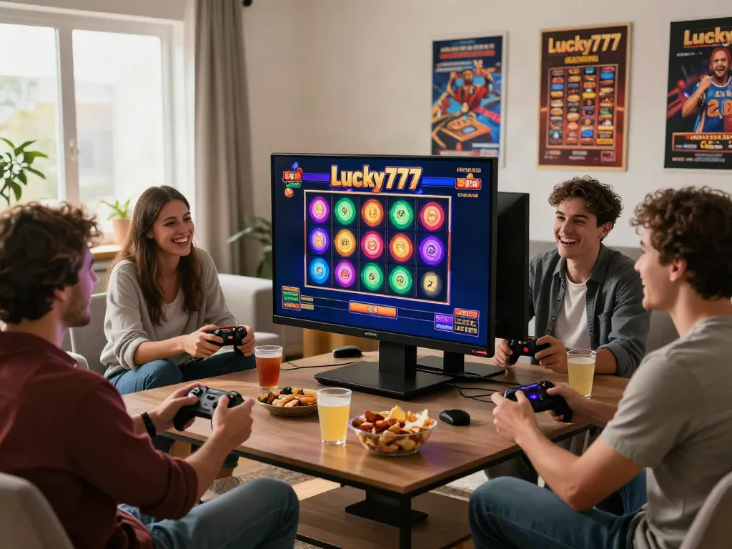Friends enjoying an exciting home gaming experience with Lucky777 slots on screen.
