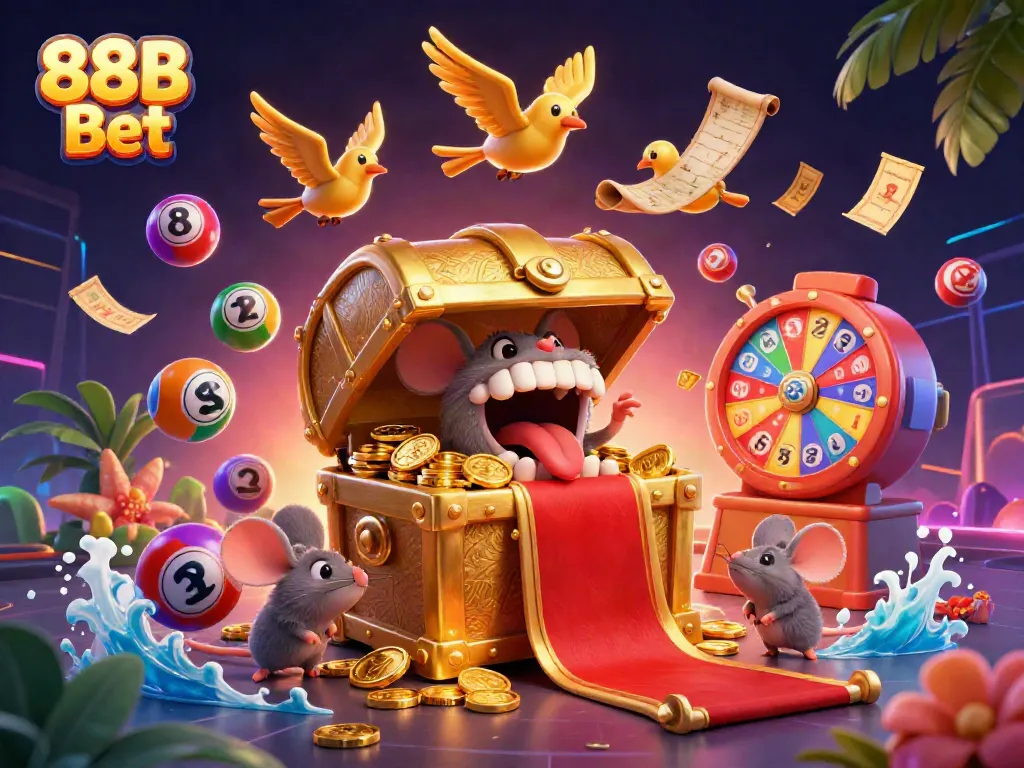 Join the excitement of 88B Bet with vibrant lottery balls, treasure, and a lively 3D atmosphere!