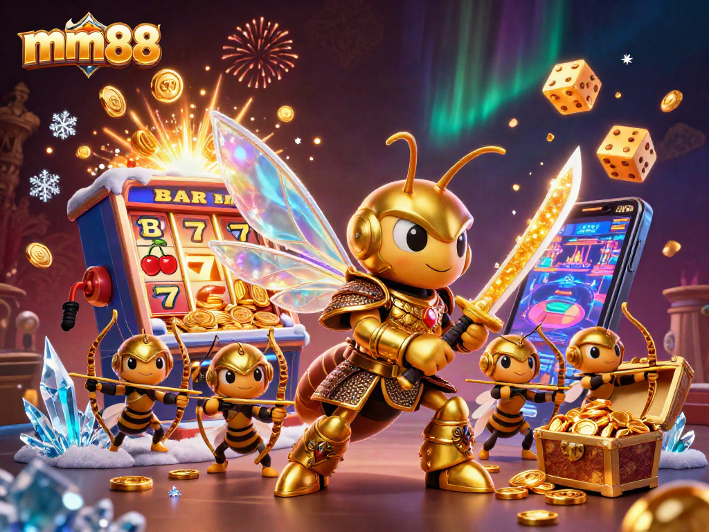 The vibrant mm88 illustration showcases a samurai hornet and bee archers amidst a dynamic casino scene, celebrating jackpots.