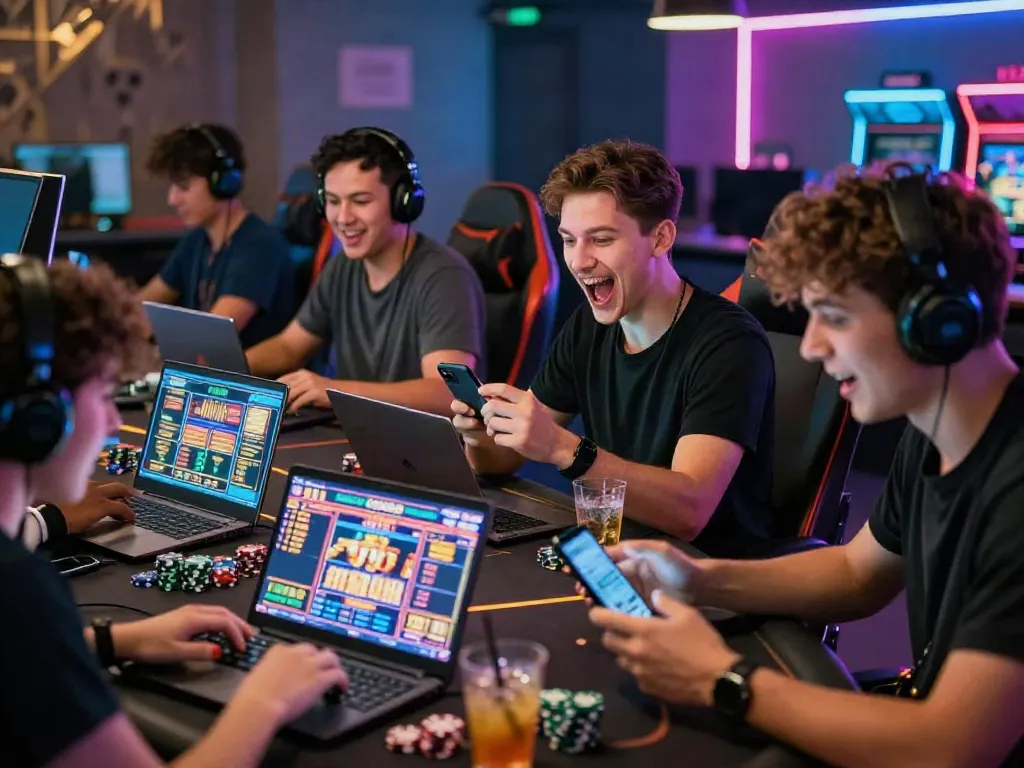 Players engaged in akunjp online gambling, showcasing excitement and community.