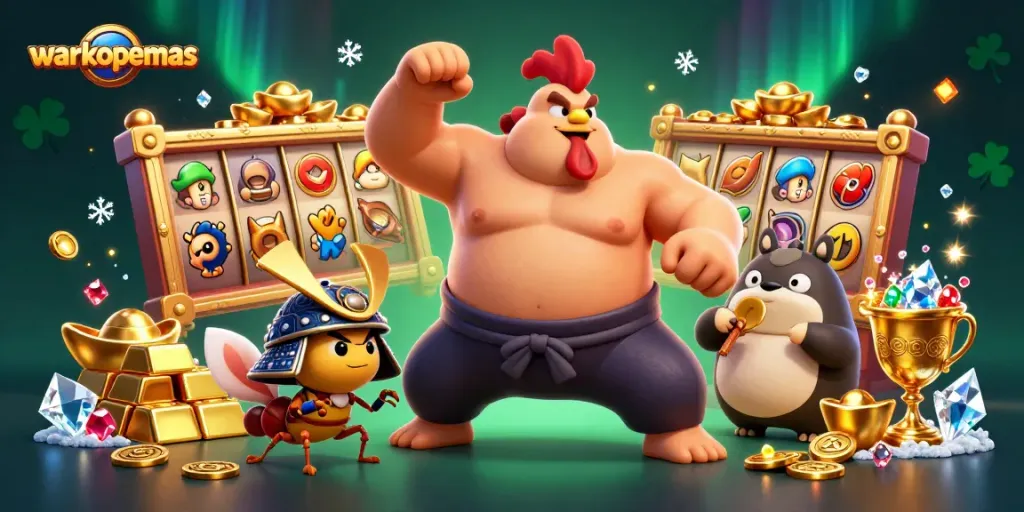 Warkopemas menghadirkan pertarungan seru antara ayam sumo, cricket, dan tanuki dalam kasino slot yang glamor.