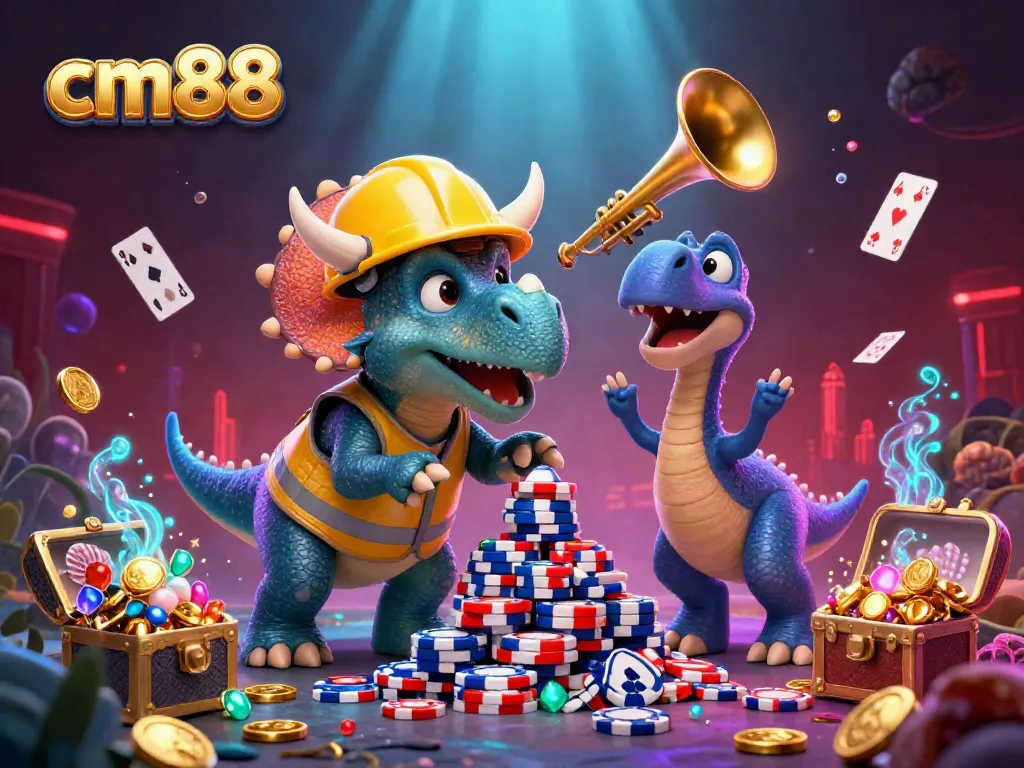 Celebrate jackpots at cm88 with a dynamic scene of a triceratops building poker chip pyramids.