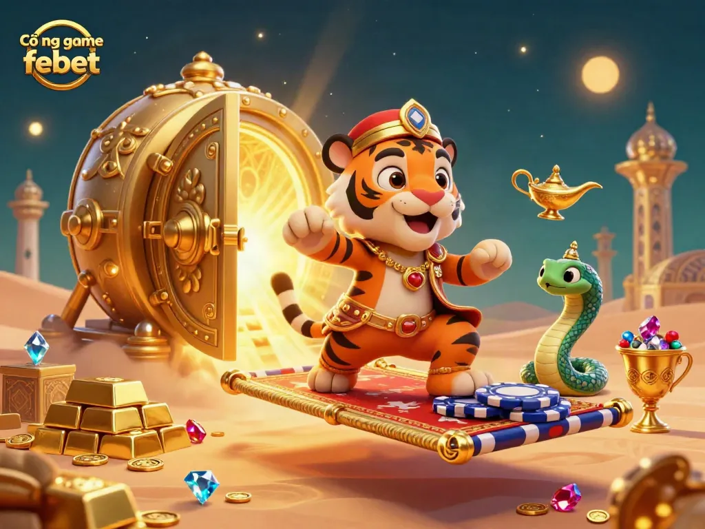 Experience Cổng game febet's lavish 3D casino adventure with tiger sultan and treasure in a dynamic scene.