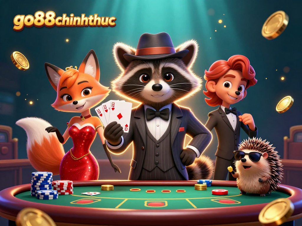 Join the fun with go88chinhthuc as raccoon and friends play poker in a vibrant casino scene.