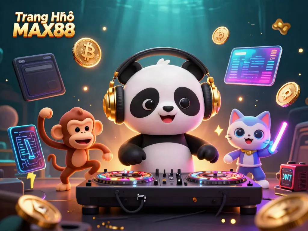 Engage with the lively scene at Trang Chủ MAX88 featuring a DJ panda, dancing monkey, and rave kitten amidst vibrant gaming symbols.
