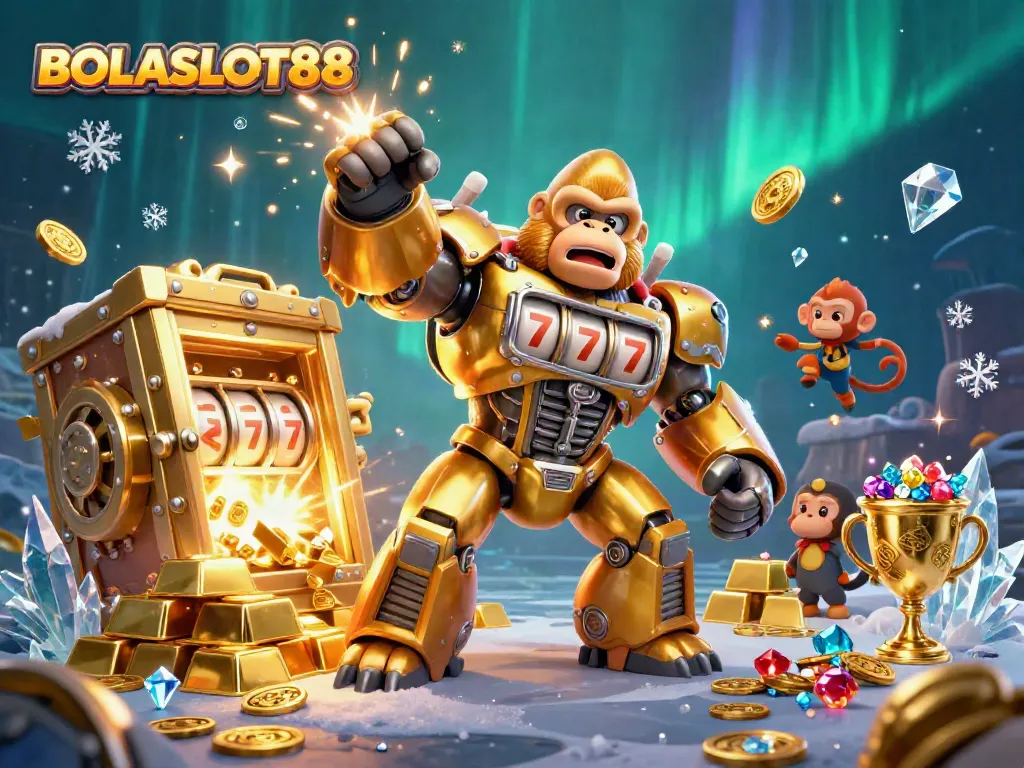 BOLASLOT88 showcases a vibrant scene with a golden mech and treasure, capturing the thrill of online slots.