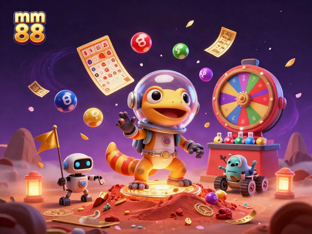 Experience the excitement of mm 88 with a Martian gecko uncovering a golden casino in vibrant detail.