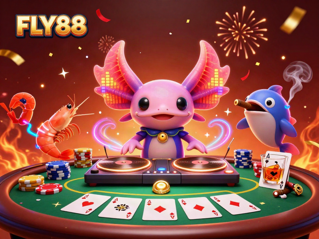 Engage with FLY88's vibrant gameplay featuring a neon axolotl DJ amidst colorful poker scenes.