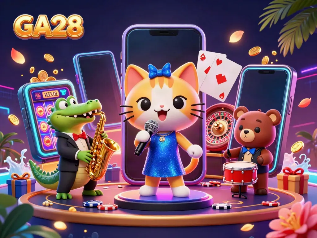 Experience GA28's vibrant casino atmosphere with cartoon characters enjoying gaming fun.