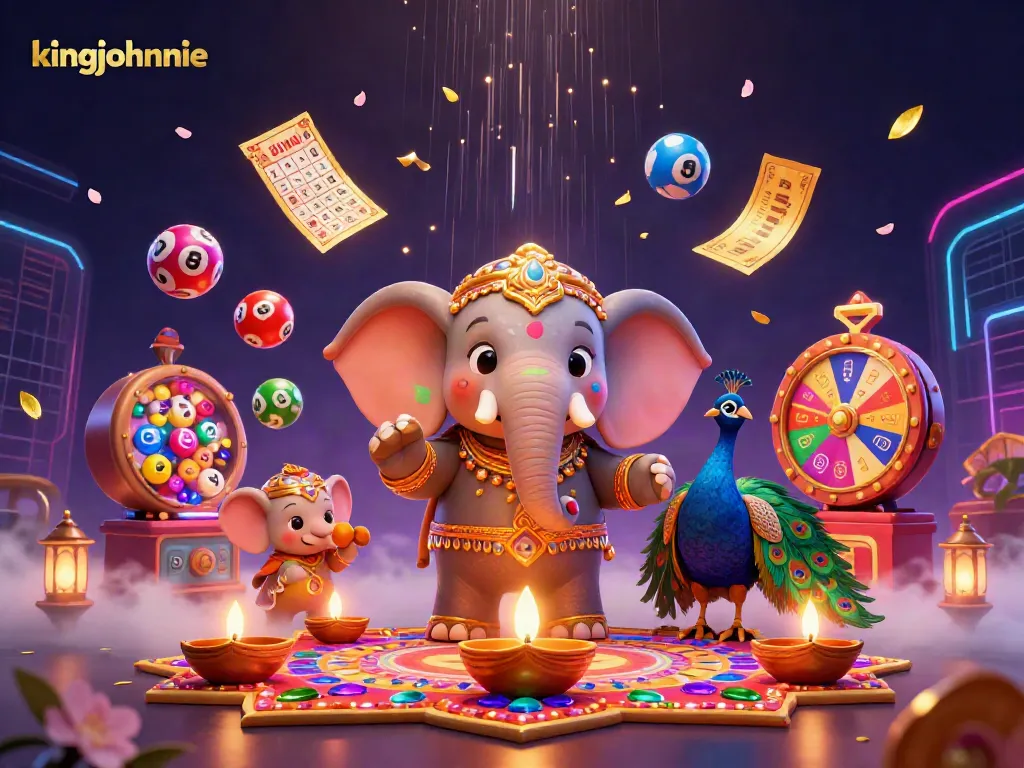Experience the excitement of kingjohnnie casino with this vibrant 3D illustration showcasing dynamic lottery elements and festive characters.