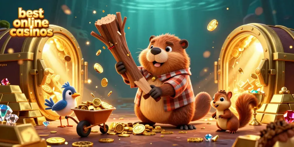 Experience the excitement of the best online casinos with cartoon characters celebrating wins amidst treasures.