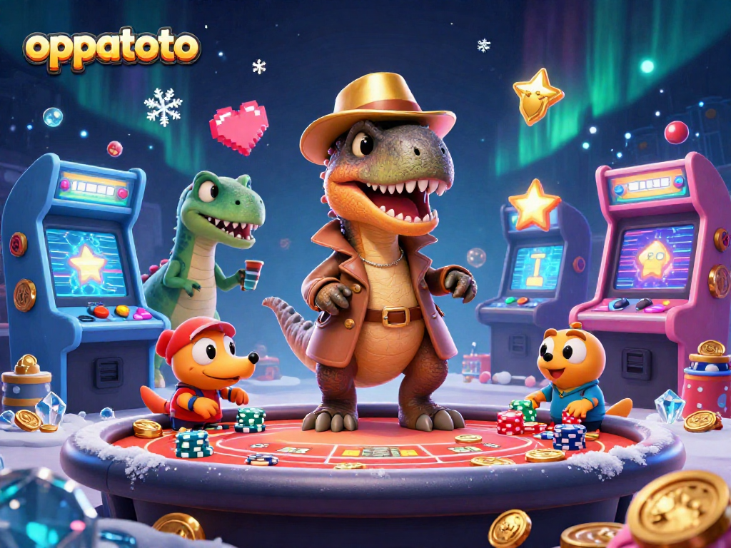 oppatoto showcases a cartoon velociraptor card counter at a blackjack table, creating a vibrant gaming scene.