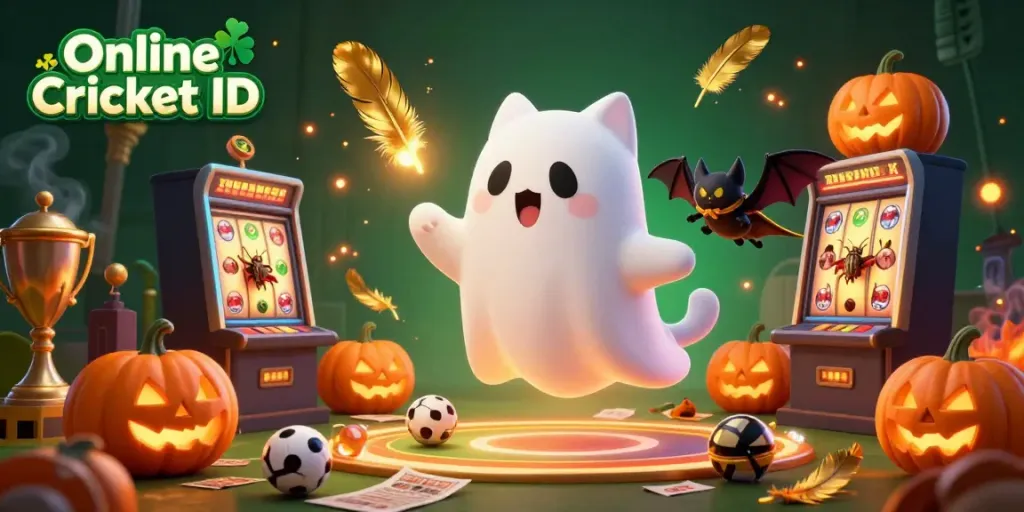 Engage with Online Cricket ID illustrated by a ghost cat and vampire bat in a lively cricket-themed casino.