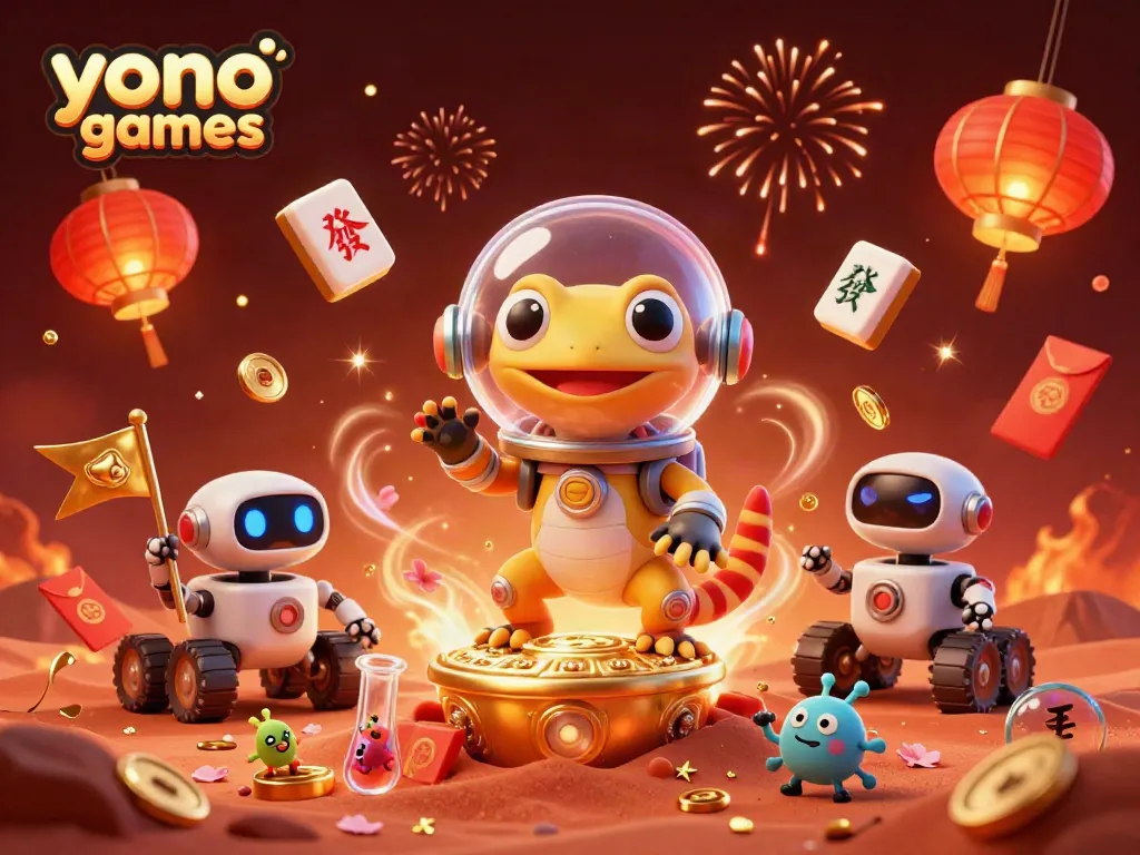 Engage in yono games with a vibrant scene featuring a cartoon alien exploring a hidden casino.